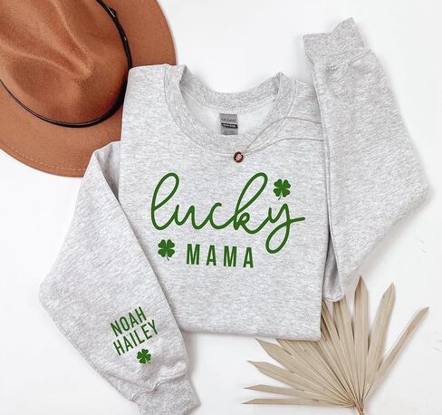 Up2ournecksinfabric Lucky Mama Sweatshirt With Names One Lucky Mama Womens St Patrick's Day Sweater Customized St Patty's Day Crewneck Light Grey in Saudi Arabia