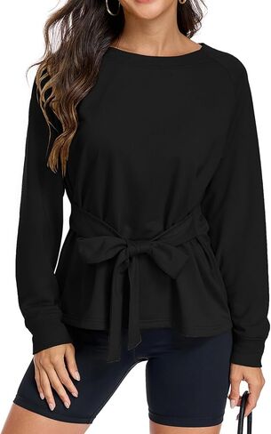 Women's Long Sleeves Shirt Tops Crew Neck Tie Knot Sweatshirt Tops Casual Fall Loose Fit Cropped Top Pullover in Saudi Arabia