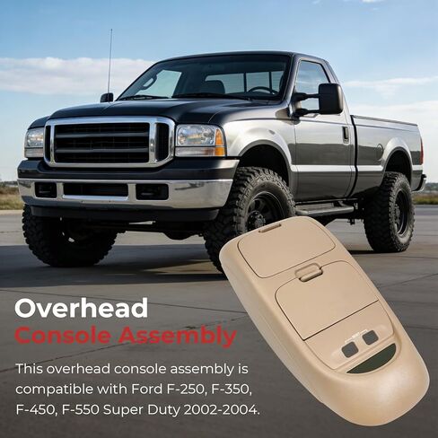 Overhead Console Assembly with Sunglasses Holder and Storage Cover, Without Sunroof, Tan Compatible with Ford F250, F350, F450, F550 Super Duty 2002-2004 Replaces # 2C3Z-25519A70-AAB in Saudi Arabia