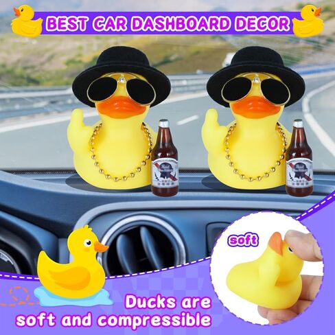 ديكور سيارة على شكل بطة مطاطية - بطة مضحكة على لوحة القيادة في قبعة علوية، نظارات شمسية، زجاجة وقلادة، لعبة مكتب مكتب ملتوي، هدية فريدة لزملاء العمل in Kuwait