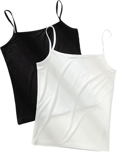 2 Pack Women's Spaghetti Strap Lace Trim Cami Tunic Tank Tops Stretch Slim-Fit Camisole Black/White in Saudi Arabia