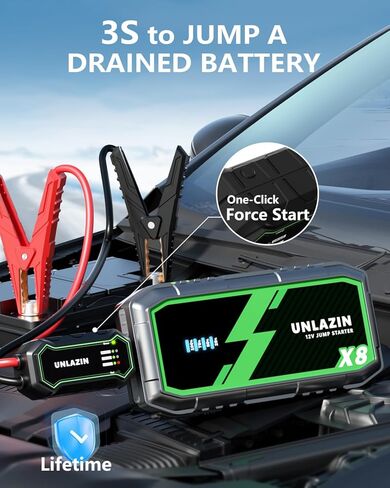 X8 Jump Starter 8000A بطارية Jumper Starter محمولة مع قوة التشغيل، صندوق القفز لبداية السيارة 12 فولت ومعزز البطارية لجميع محركات الغاز والديزل، QC 3.0 شحن سريع، ضوء LED، سيارة الركاب in Kuwait