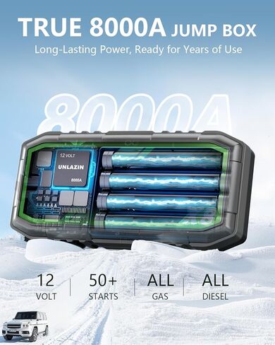 X8 Jump Starter 8000A بطارية Jumper Starter محمولة مع قوة التشغيل، صندوق القفز لبداية السيارة 12 فولت ومعزز البطارية لجميع محركات الغاز والديزل، QC 3.0 شحن سريع، ضوء LED، سيارة الركاب in Kuwait