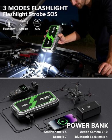 X8 Jump Starter 8000A بطارية Jumper Starter محمولة مع قوة التشغيل، صندوق القفز لبداية السيارة 12 فولت ومعزز البطارية لجميع محركات الغاز والديزل، QC 3.0 شحن سريع، ضوء LED، سيارة الركاب in Kuwait