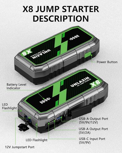 X8 Jump Starter 8000A بطارية Jumper Starter محمولة مع قوة التشغيل، صندوق القفز لبداية السيارة 12 فولت ومعزز البطارية لجميع محركات الغاز والديزل، QC 3.0 شحن سريع، ضوء LED، سيارة الركاب in Kuwait