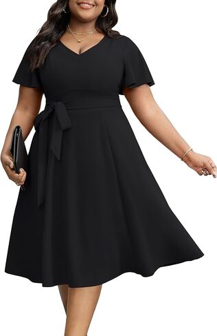 Runwind Plus Size Dress Church Dresses for Women Summer Casual V Neck Ruffle Sleeve Knee Length Dress with Pockets in Saudi Arabia