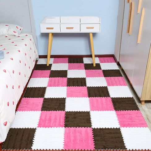 Area Rugs,Fluffy Area Rugs, Soft Square Carpet Tiles 11.8x11.8 Inch,Floor Play Mat,Parlor,60 Pcs - 58 Sq.ft.(Pink+White,0.39 inch) in Saudi Arabia