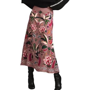 تنورة نسائية متوسطة الطول بطباعة زهور استوائية، خصر مطاطي للربيع والصيف، تنانير طويلة على شكل حرف A in Kuwait