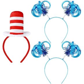 1 Pcs Hat cat Headband Red and White Striped Stovepipe Hat Headwear with 2 Pcs Blue Ponytail Headband for Book Week Cosplay Party in Kuwait