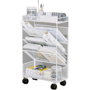 رف الكتب المحمول، عربة تخزين متنقلة صغيرة الحجم - رف عرض معدني قائم على الأرض وحامل مجلات للمساحات الضيقة، أبيض - مثالي للمنزل أو المكتب أو الاستوديو (33.5 × 17 × 57 سم) in Kuwait