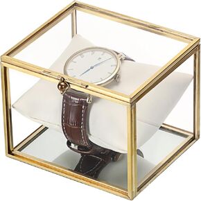 JUXYES Clear Glass Watch Display Case with 3 Slots, Luxury Brass Glass Watch Organizer Holder Stand with White Watch Pillow, Modern Transparent Watch Collection Box for Men and Women, Gold in Kuwait