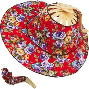 قبعة مروحة للنساء 2 في 1 للحماية من الأشعة فوق البنفسجية، قبعة من الخيزران قابلة للطي، مروحة خيزران زهرية، قبعة شمس صيفية محمولة للسفر على الشاطئ في الهواء الطلق، زهور حمراء كبيرة، in Kuwait