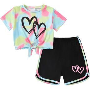 Girls Clothes Summer Tie Knot Short Sleeves & Heart Shorts Kids 2PCS Outfits Teen Girls' Clothing Sets 7-14Y in Kuwait