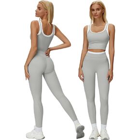 Women 2 Piece Workout Sets Racerback Color Block Tank Tops High Waist Tummy Control Active Leggings Yoga Outfits in Kuwait
