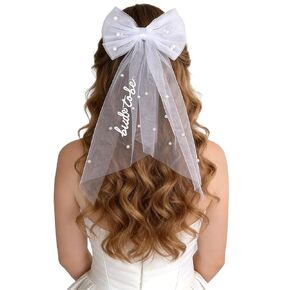 Bride to Be Embroidered Hair Bow Veil with Pearls for Bachelorette Party, White Hair Clip Bow Veil Engagement Accessory Bride Gift for Women in Saudi Arabia