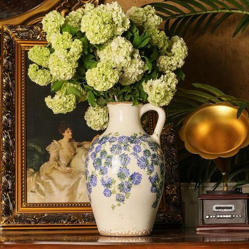 Vintage Flower Vase with Handle Retro Ice Crackle Waterproof Chinoiserie Ceramic Pitcher 8" Blue and White Vase for Home Decor in Saudi Arabia