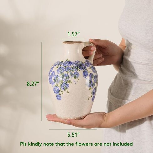 Vintage Flower Vase with Handle Retro Ice Crackle Waterproof Chinoiserie Ceramic Pitcher 8" Blue and White Vase for Home Decor in Saudi Arabia