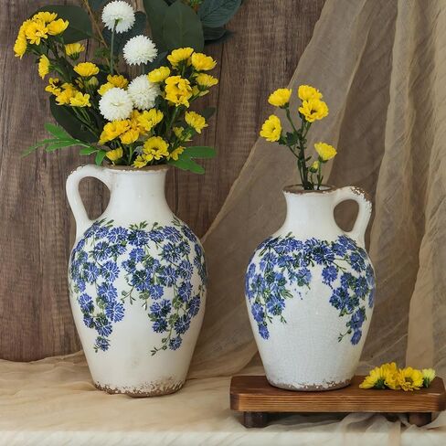 Vintage Flower Vase with Handle Retro Ice Crackle Waterproof Chinoiserie Ceramic Pitcher 8" Blue and White Vase for Home Decor in Saudi Arabia