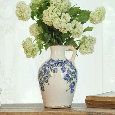 Vintage Flower Vase with Handle Retro Ice Crackle Waterproof Chinoiserie Ceramic Pitcher 8" Blue and White Vase for Home Decor in Saudi Arabia