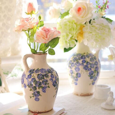 Vintage Flower Vase with Handle Retro Ice Crackle Waterproof Chinoiserie Ceramic Pitcher 8" Blue and White Vase for Home Decor in Saudi Arabia