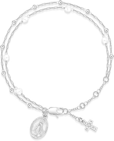 سوار الصليب مريم العذراء للنساء - سوار سلسلة مسبحة من اللؤلؤ بطبقة مزدوجة مطلي بالذهب عيار 14 قيراط، سوار ربط صليب زركونيا مكعب أنيق، هدية مجوهرات الإيمان المسيحي الديني لها in Kuwait