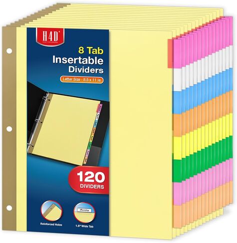 H4D 120 عبوة من فواصل المجلدات القابلة للإدراج مع 8 علامات تبويب، وفواصل علامات تبويب متعددة الألوان لملف ثلاثي الحلقات، وفتحات معززة بالذهب، وحجم الحروف in Kuwait