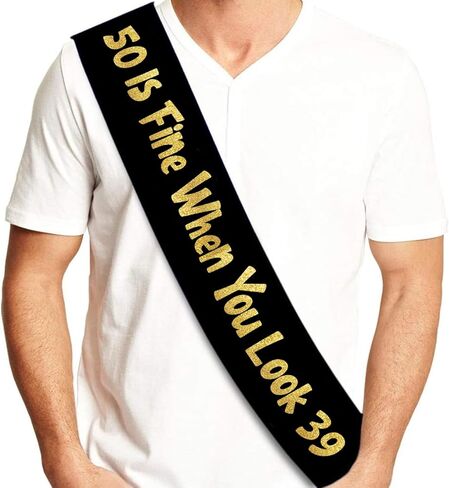Sterling James Co. 50 Is Fine When You Look 39 Sash Black & Gold Glitter Sash - Funny 50th Birthday Party Supplies, Ideas and Decorations in Saudi Arabia