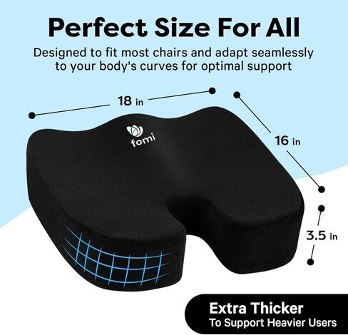 FOMI Extra Thick Firm Coccyx Orthopedic Memory Foam Seat Cushion | Black Large Cushion for Car or Truck Seat, Office Chair, Wheelchair | Back Pain Relief (Black) in Saudi Arabia