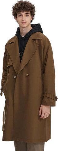 Mens Trench Coat Long double breasted Lapel overcoat with belt in Kuwait
