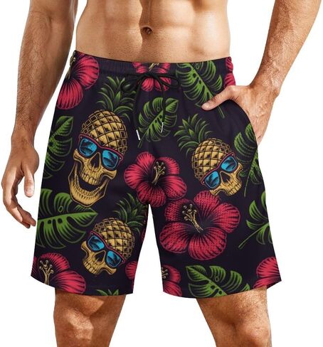 Mens Swim Trunks with Compression Liner, Hawaiian Pineapple Flower Printed Board Shorts in Saudi Arabia