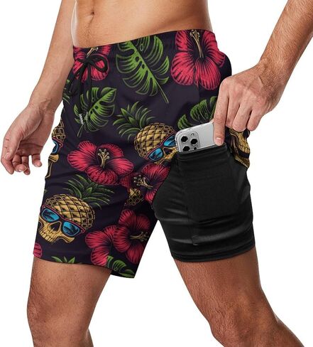 Mens Swim Trunks with Compression Liner, Hawaiian Pineapple Flower Printed Board Shorts in Saudi Arabia