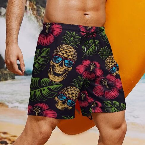 Mens Swim Trunks with Compression Liner, Hawaiian Pineapple Flower Printed Board Shorts in Saudi Arabia