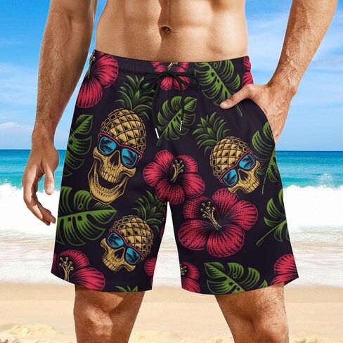 Mens Swim Trunks with Compression Liner, Hawaiian Pineapple Flower Printed Board Shorts in Saudi Arabia