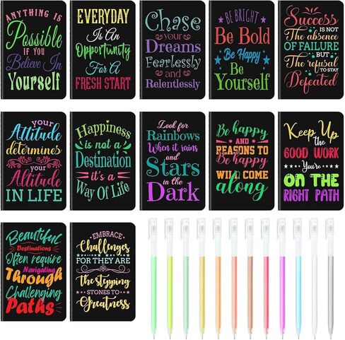 12 Pcs Mini Inspirational Notebooks Bulk with 12 Pcs Colorful Pens, Small Pocket Journal Notepads Set, Motivational Bulk Gifts for Women Men Teacher Student Kids, Fun School Office Supplies,3.5"x5.5" in Kuwait