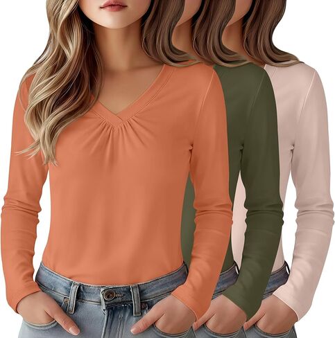 3 Pack Girl's Long Sleeve Shirts, V Neck Casual Chest Ruched Kids Youth Layering Basic Tee 5-14Y in Saudi Arabia