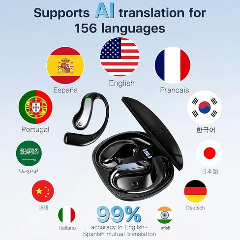 سماعات أذن للترجمة بالذكاء الاصطناعي في الوقت الحقيقي - Audifonos Traductores Inglés Español، سماعات رأس بلوتوث بـ 156 لغة، وقت تشغيل 50 ساعة مع حامل شحن، تعمل مع iOS وAndroid للسفر والأعمال والتعلم in Kuwait