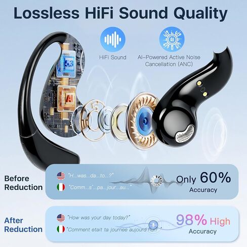 سماعات أذن للترجمة بالذكاء الاصطناعي في الوقت الحقيقي - Audifonos Traductores Inglés Español، سماعات رأس بلوتوث بـ 156 لغة، وقت تشغيل 50 ساعة مع حامل شحن، تعمل مع iOS وAndroid للسفر والأعمال والتعلم in Kuwait