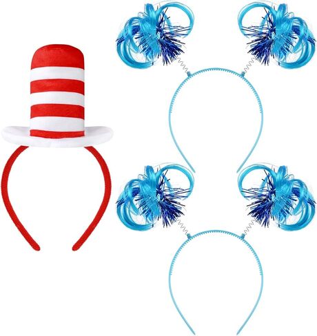 1 Pcs Hat cat Headband Red and White Striped Stovepipe Hat Headwear with 2 Pcs Blue Ponytail Headband for Book Week Cosplay Party in Kuwait