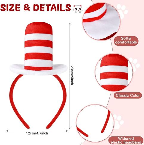 1 Pcs Hat cat Headband Red and White Striped Stovepipe Hat Headwear with 2 Pcs Blue Ponytail Headband for Book Week Cosplay Party in Kuwait