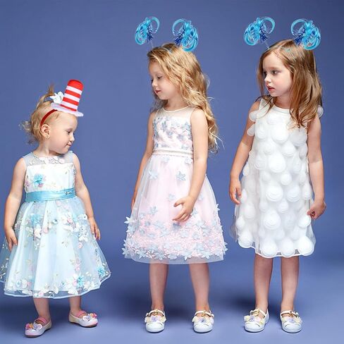 1 Pcs Hat cat Headband Red and White Striped Stovepipe Hat Headwear with 2 Pcs Blue Ponytail Headband for Book Week Cosplay Party in Kuwait