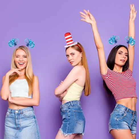 1 Pcs Hat cat Headband Red and White Striped Stovepipe Hat Headwear with 2 Pcs Blue Ponytail Headband for Book Week Cosplay Party in Kuwait