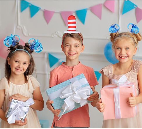 1 Pcs Hat cat Headband Red and White Striped Stovepipe Hat Headwear with 2 Pcs Blue Ponytail Headband for Book Week Cosplay Party in Kuwait