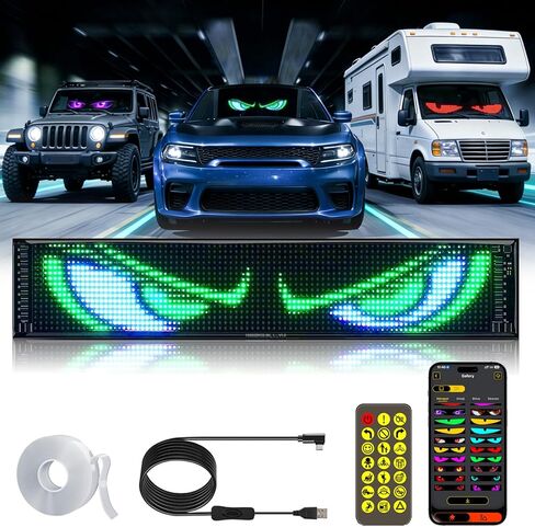 مصابيح عين الشيطان LED Super RGB للزجاج الأمامي مقاس 14 بوصة × 4 بوصة [شريحة متقدمة، شاشة مزدوجة متزامنة بنسبة 100%] شاشة LED ديناميكية مرنة قابلة للبرمجة مخصصة لنافذة دراجة نارية للسيارة مع جهاز التحكم عن بعد والتحكم في التطبيق in Saudi Arabia
