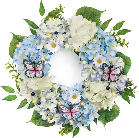 Valery Madelyn Pre-Lit Hydrangea Spring Wreaths for Front Door with Lights, 24 Inch Blue and White Artificial Flowers Wreath for Wall Window Home Porch Indoor Wedding Anniversary Summer Festival Decor in Kuwait