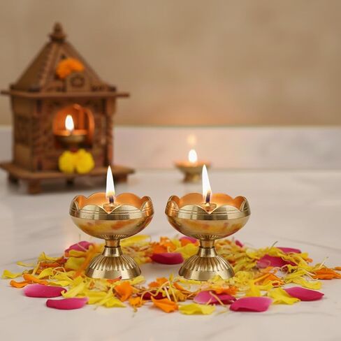 Pure Brass Tamatar Nanda Diya for Puja - Traditional Oil Lamp for Home Mandir, Temple Decor & Diwali Gifting (Small Size, Gold) in Saudi Arabia