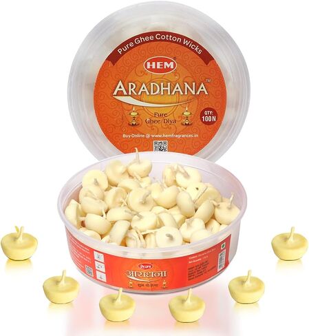 Hem Aradhna Pure Ghee Diya with Batti Pack of 100 Diyas | Pooja Room Items for Home | Wax Free | Ghee Wicks for Prayers, Rituals & Special Occasions | Burning Time: 30 mins in Saudi Arabia