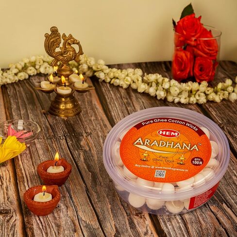 Hem Aradhna Pure Ghee Diya with Batti Pack of 100 Diyas | Pooja Room Items for Home | Wax Free | Ghee Wicks for Prayers, Rituals & Special Occasions | Burning Time: 30 mins in Saudi Arabia