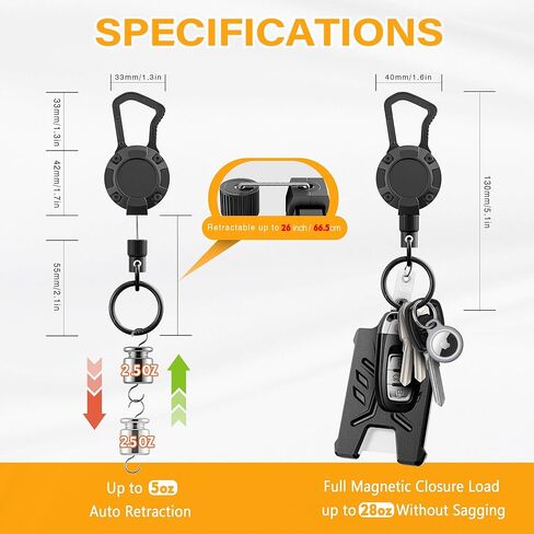 ELV Retractable ID Badge Holder: Heavy Duty Metal Retractable Keychain Badge Reel with Carabiner Belt Clip - 31" Strong Cord in Kuwait