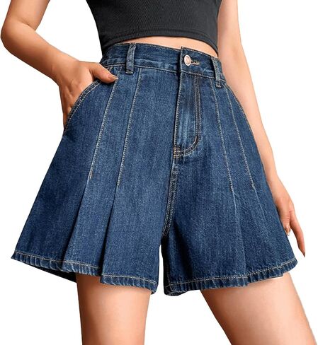 شورت جينز مطوي للنساء شورت جينز صيفي مرن بخصر عالٍ وفضفاض وواسع وواسع للشاطئ مع جيوب in Kuwait