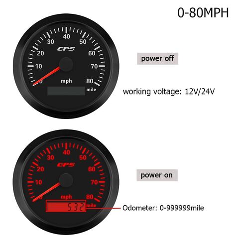 80MPH GPS عداد السرعة عداد المسافات 85 مم مع 7 إضاءة خلفية قابلة للتعديل لاستبدال شاحنة السيارة والقارب 9-32VDC نوع مقاوم للماء (أسود وأسود، 0-80 ميل في الساعة) in Kuwait